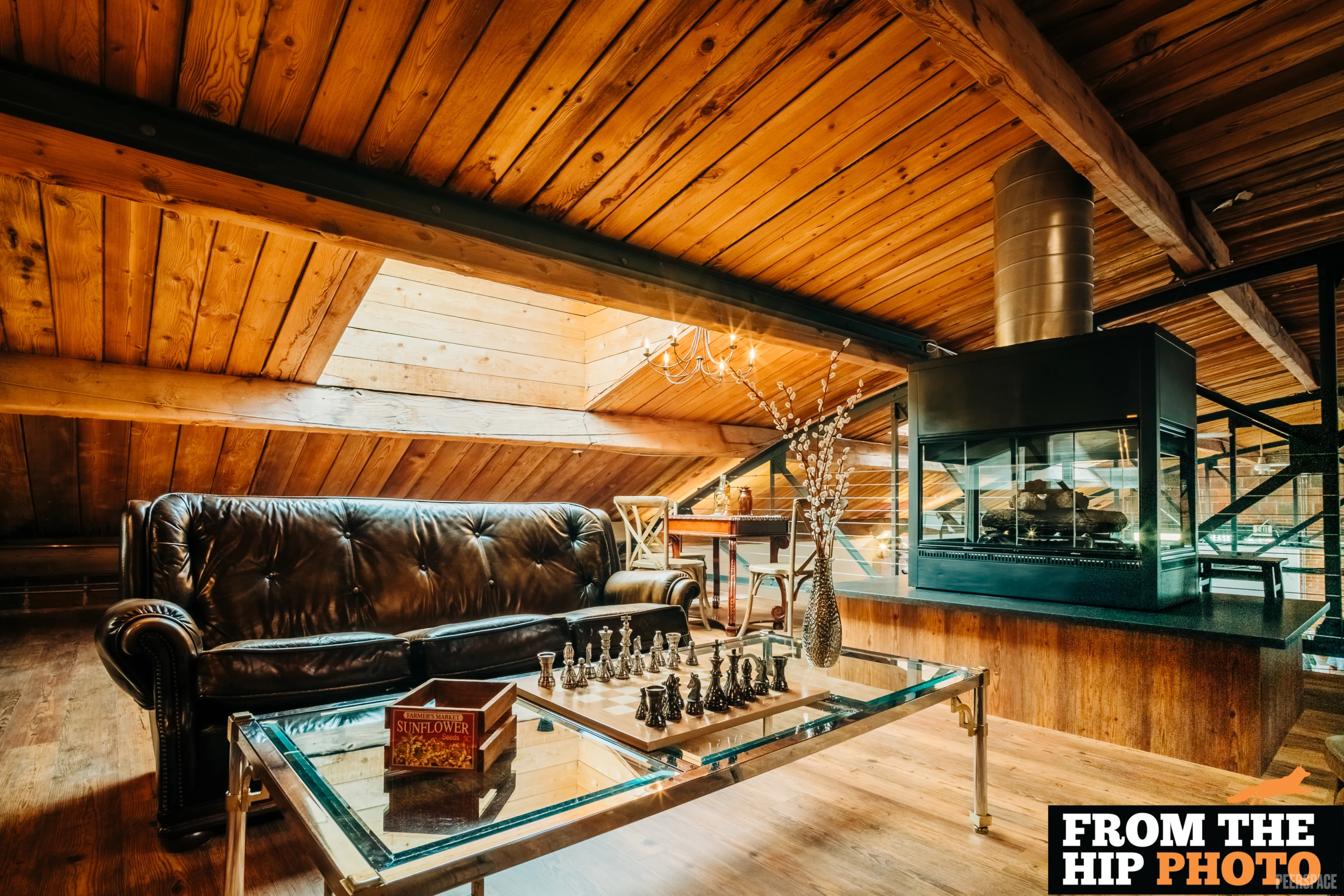 Sterling Event Space interior — barrel-vaulted ceiling with skylights and pendant lighting